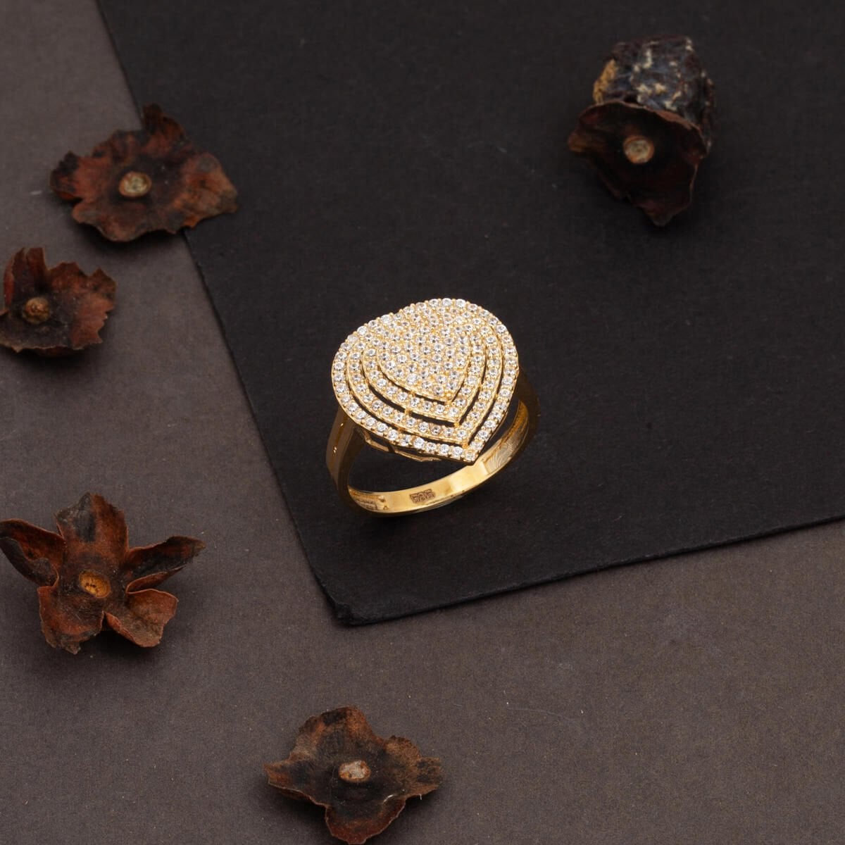 14K Yellow Gold Sparkling Heart Cubic Zirconia Ring