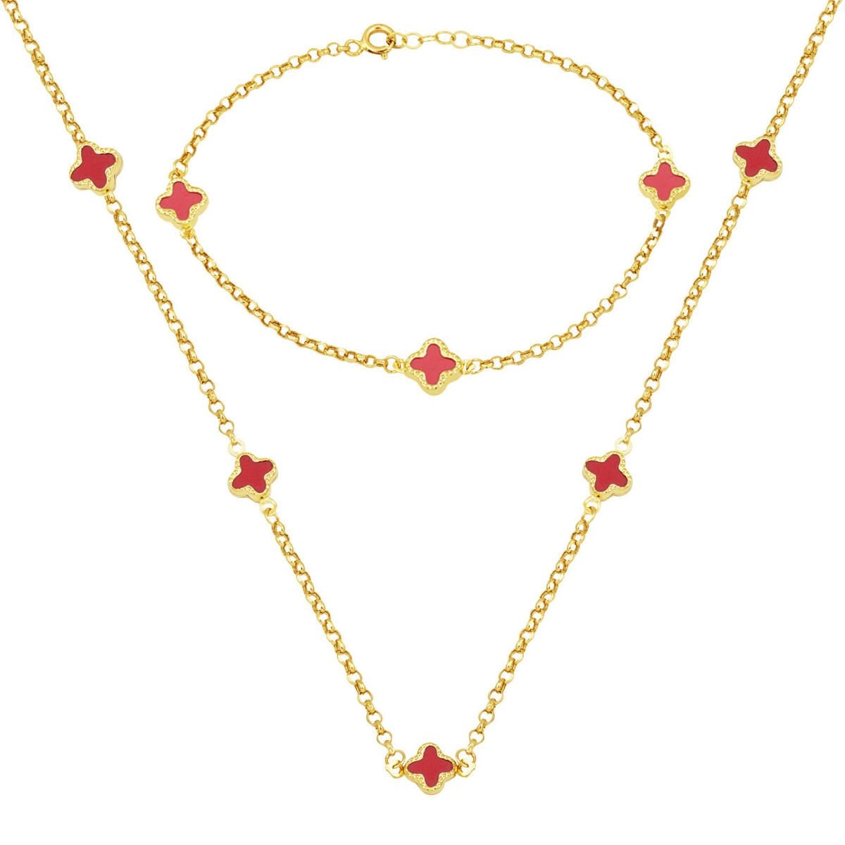 14K Yellow Gold Rose Clover Onyx Necklace Bracelet Set