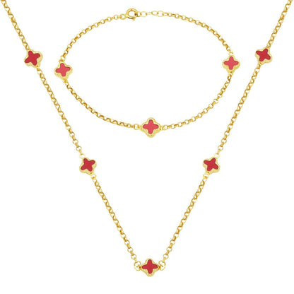 14K Yellow Gold Rose Clover Onyx Necklace Bracelet Set