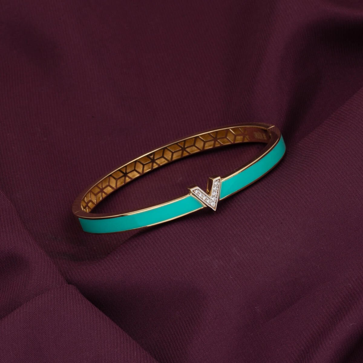 14K Yellow Gold Designer Inspired Turquoise Colored Hinged Cuff
