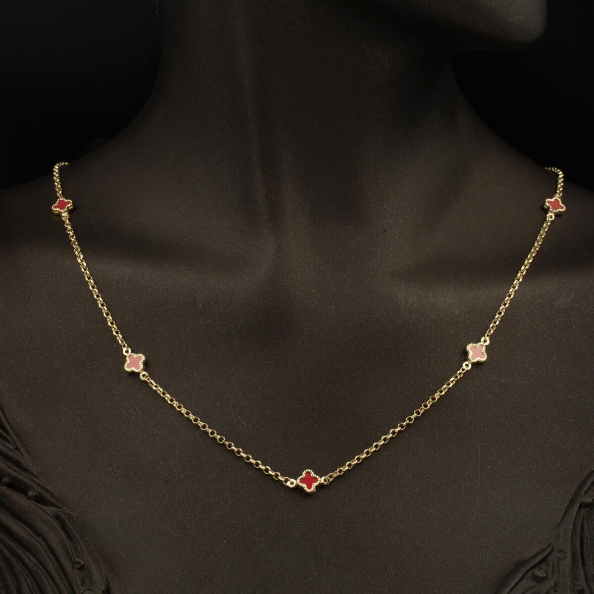 14K Yellow Gold Rose Clover Onyx Necklace Bracelet Set