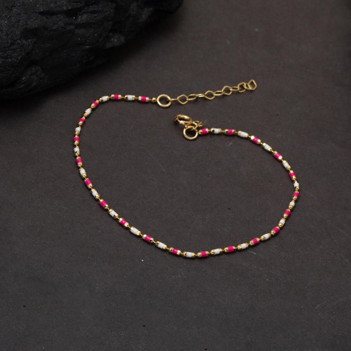 14K Yellow Gold Pink Enamel Chain Bracelet