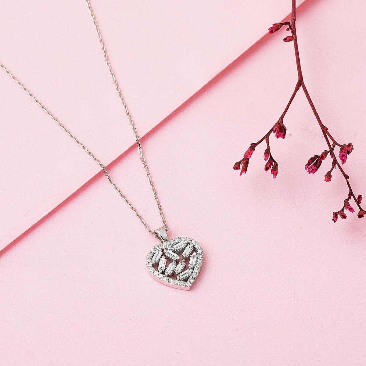 14K White Gold Baguette Diamond Heart Necklace