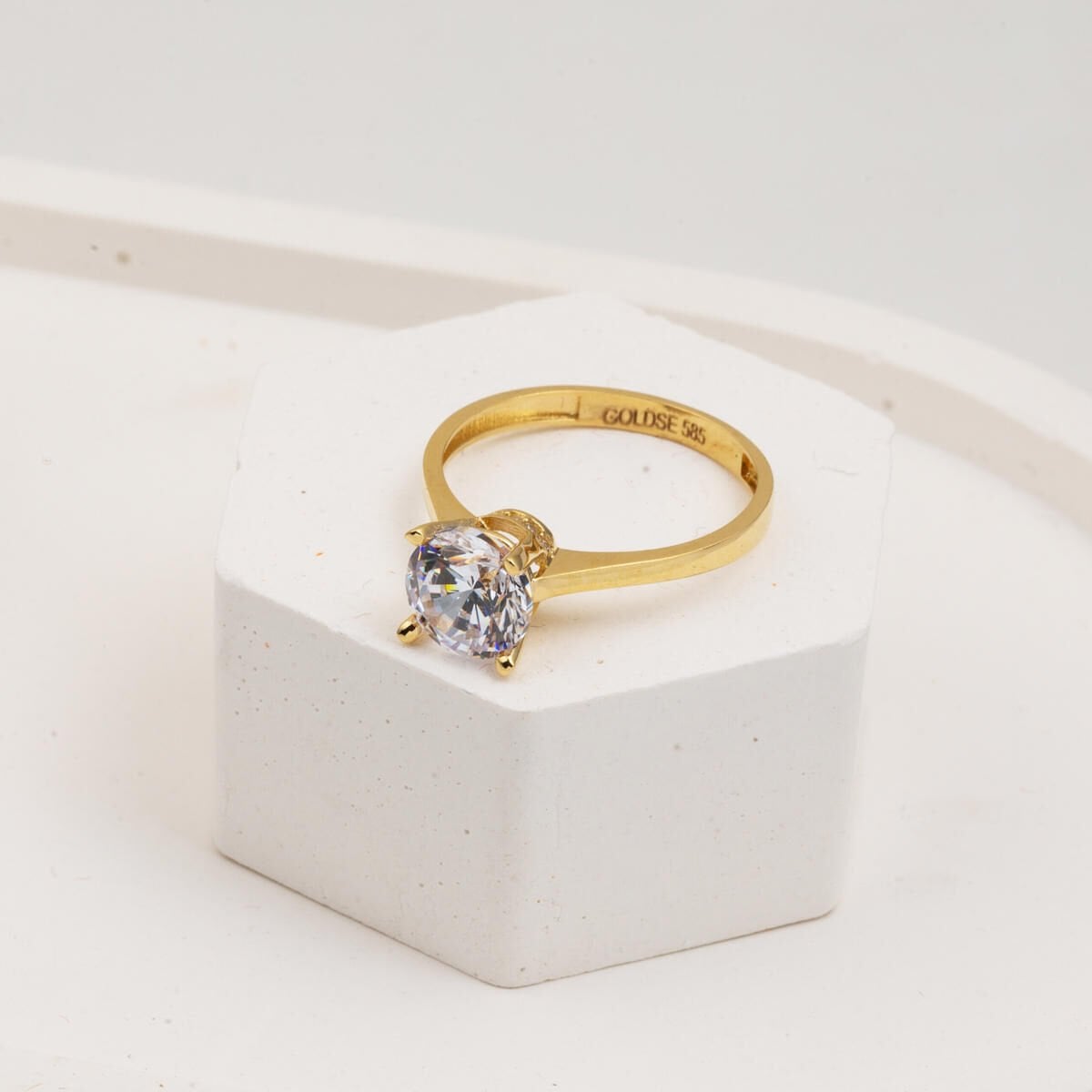 14K Yellow Gold Crown Solitaire Cubic Zirconia Ring
