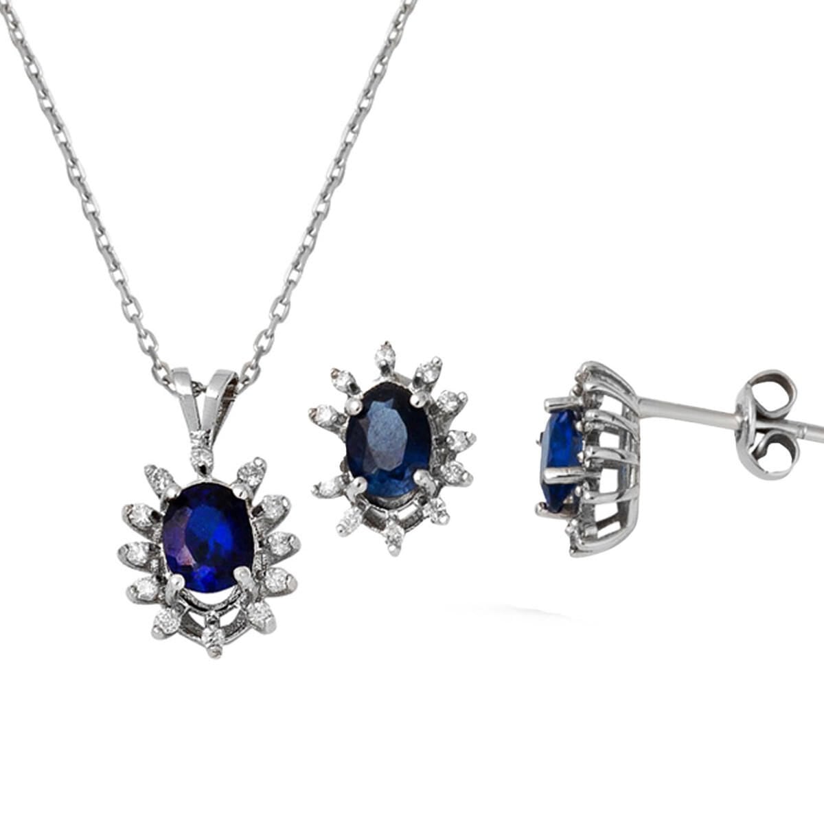 14K White Gold Sapphire Diamond Necklace and Earrings Set 1.50 Ct