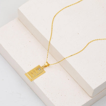 14K Yellow Gold Solitaire Gold Bar Cubic Zirconia Chain Necklace