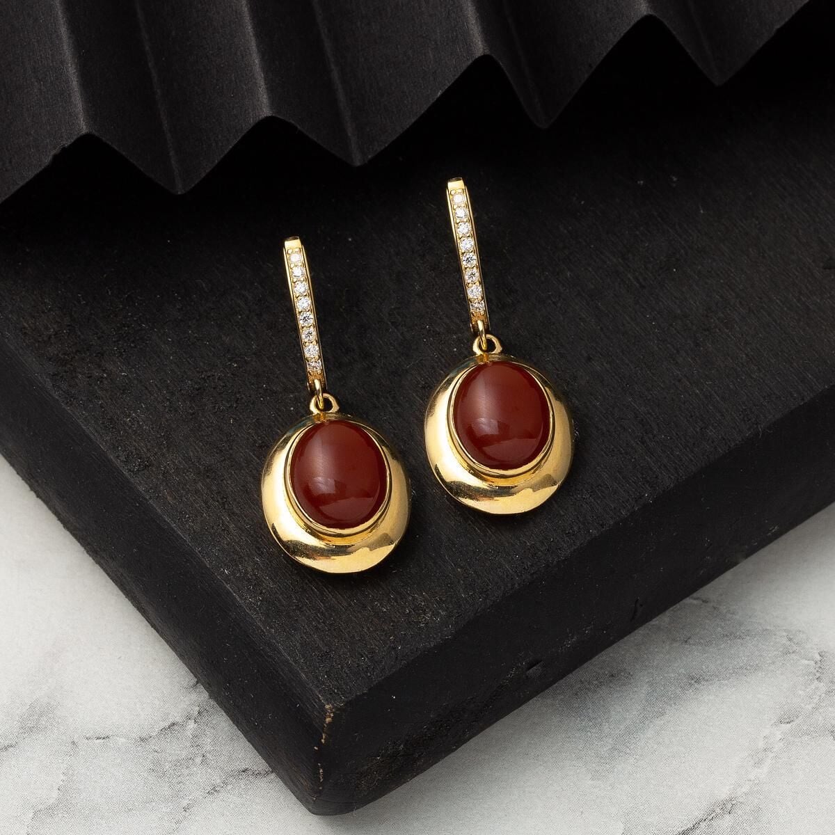 14K Yellow Gold Agate Cubic Zirconia Earrings