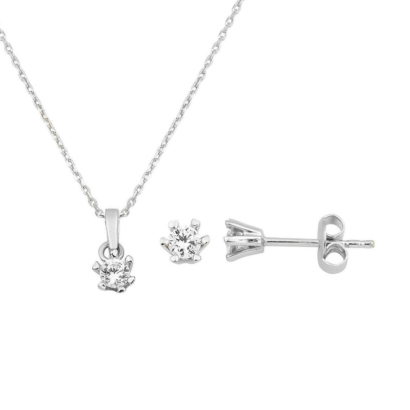 14K White Gold Six Prong Solitaire Cubic Zirconia Necklace and Earrings Set (2.75 g)