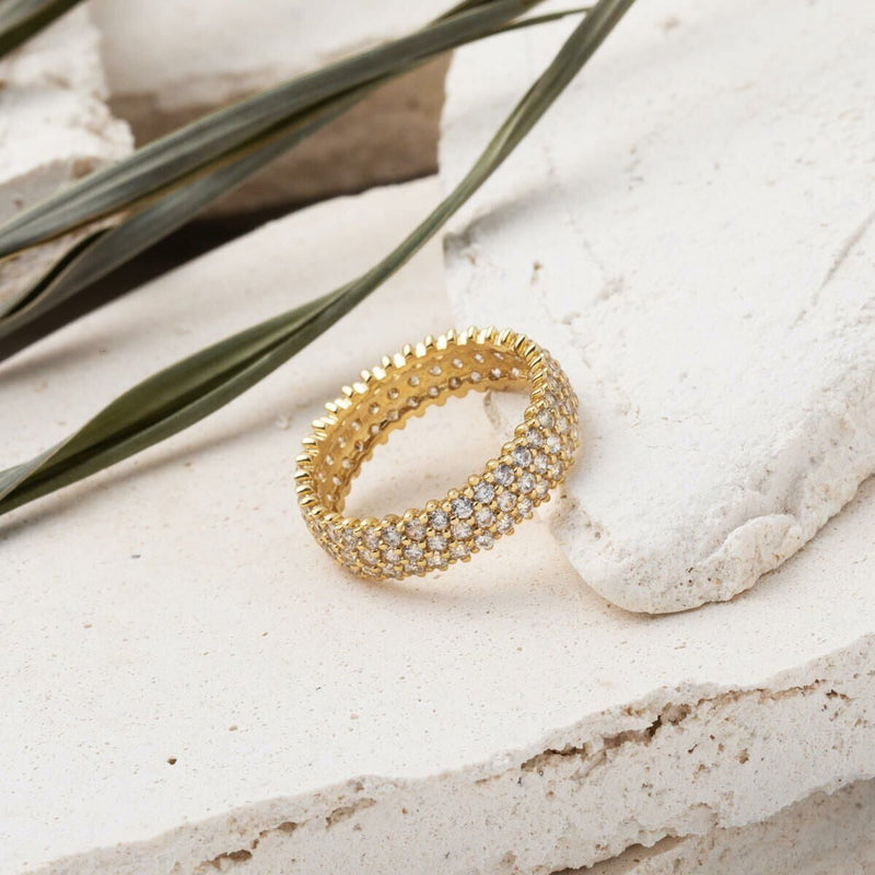 14K Yellow Gold 3 Row Full Eternity Cubic Zirconia Women's Wedding Band