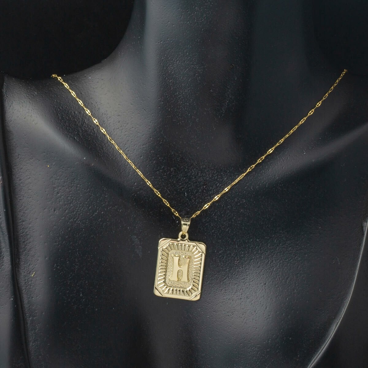 14K Yellow Gold Square Plate Initial H Necklace