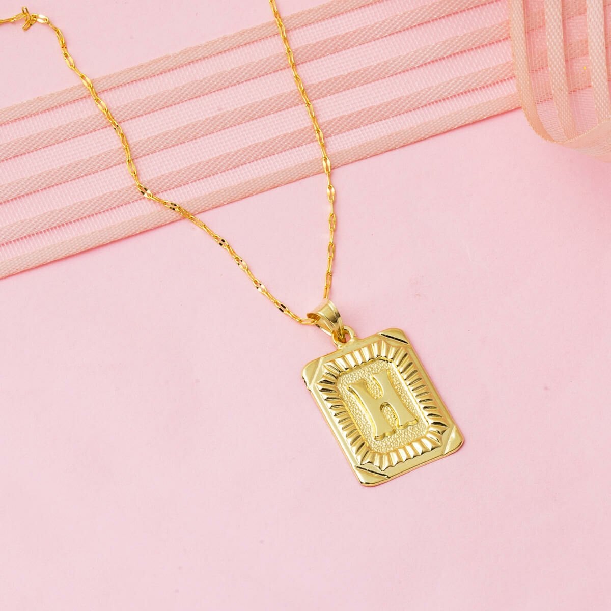 14K Yellow Gold Square Plate Initial H Necklace