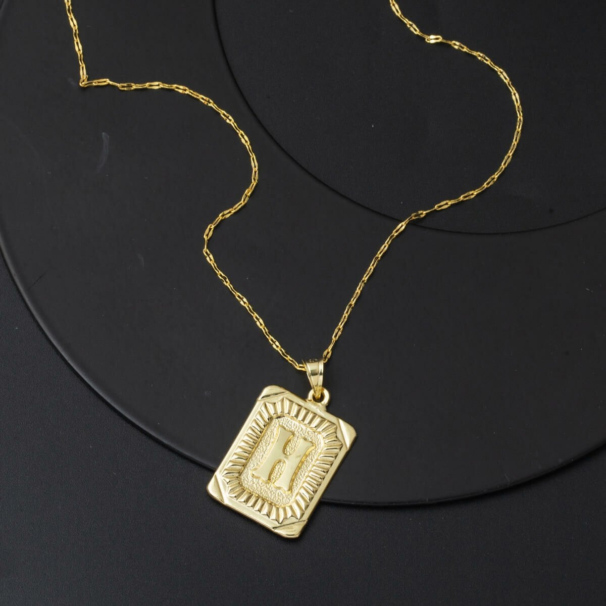 14K Yellow Gold Square Plate Initial H Necklace