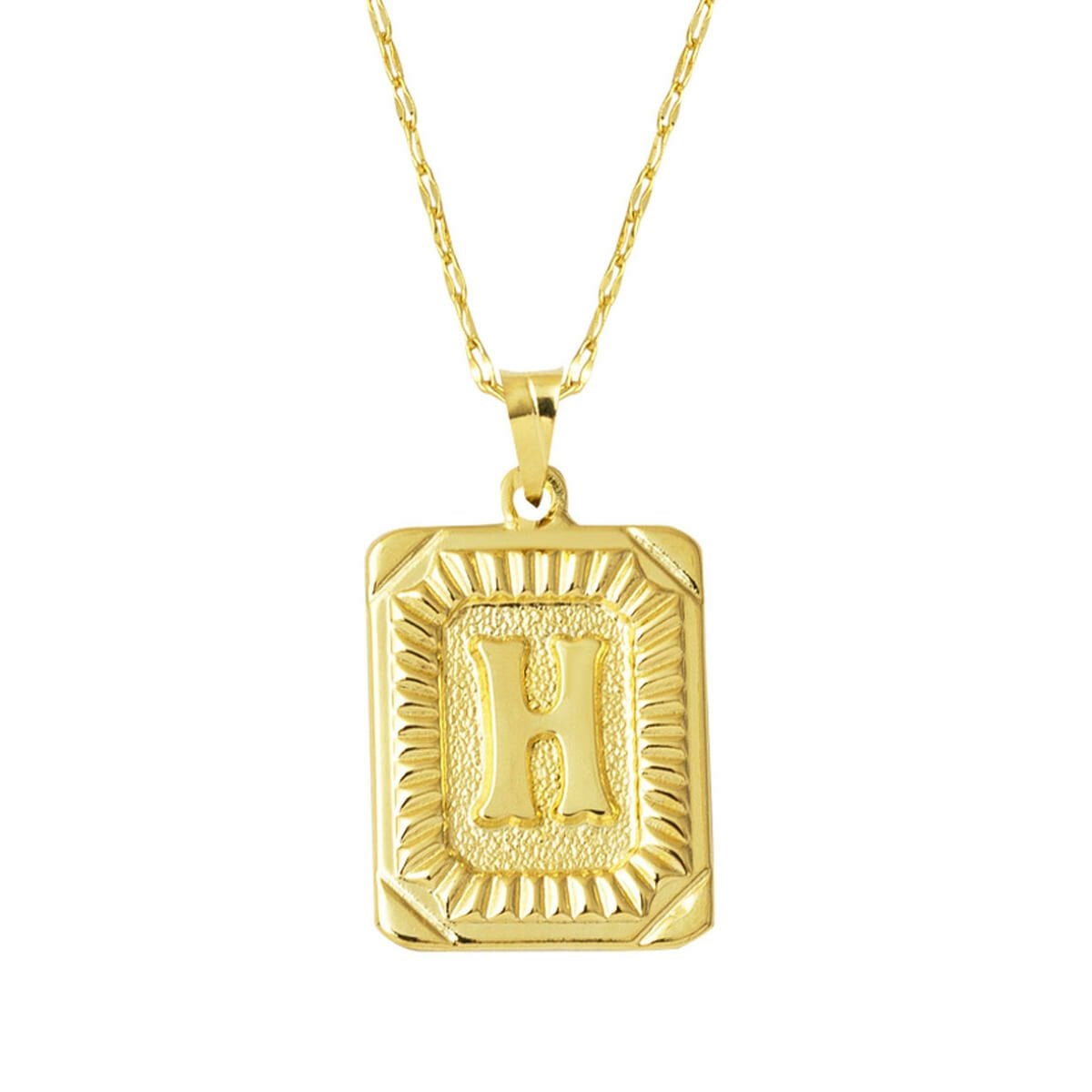 14K Yellow Gold Square Plate Initial H Necklace
