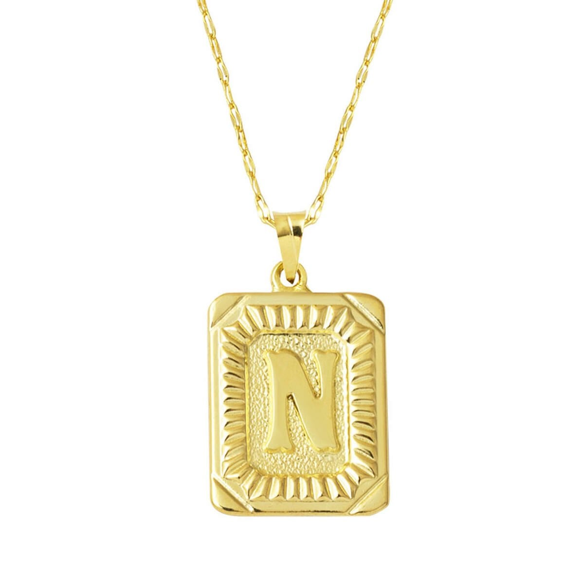 14K Yellow Gold Square Plate Initial N Necklace