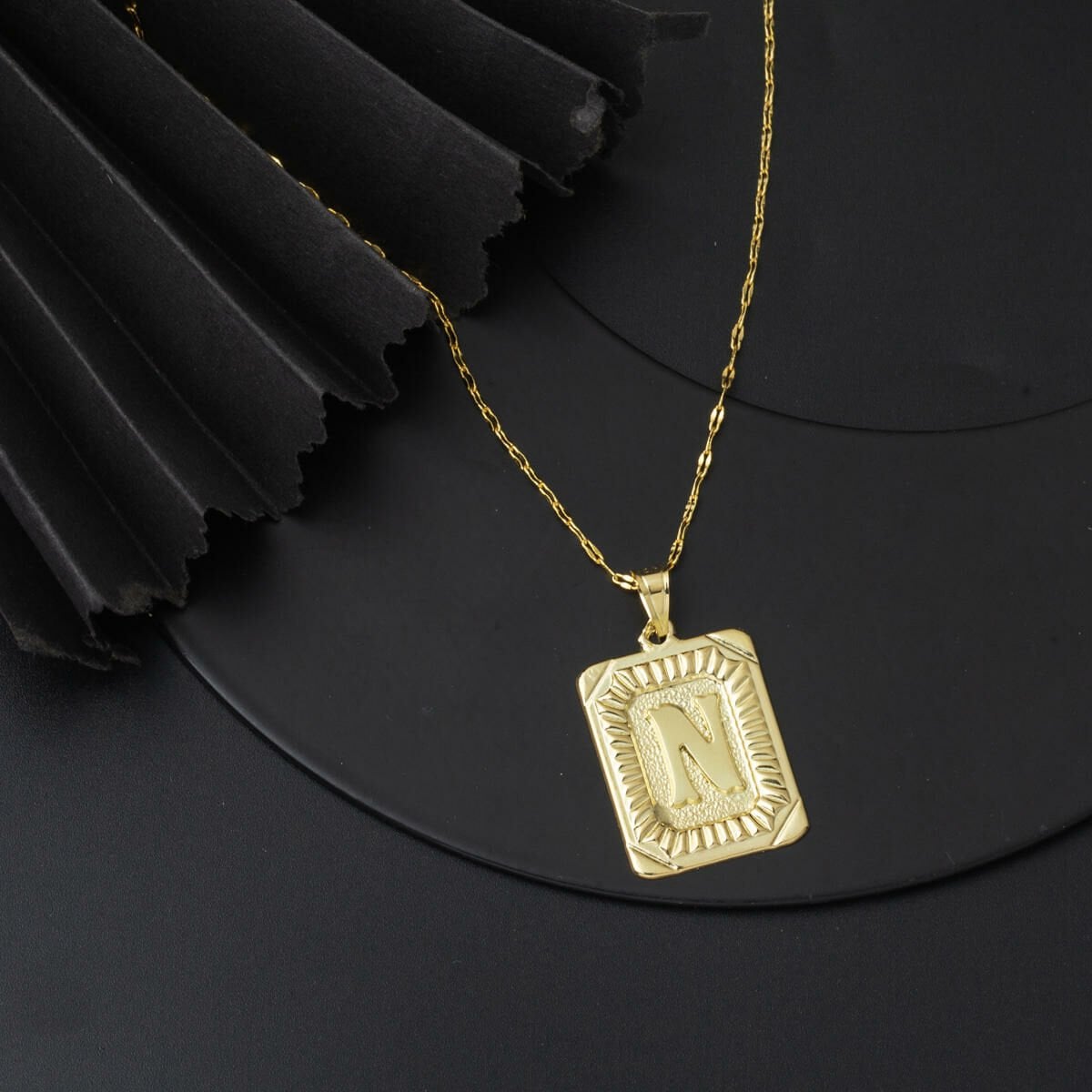 14K Yellow Gold Square Plate Initial N Necklace