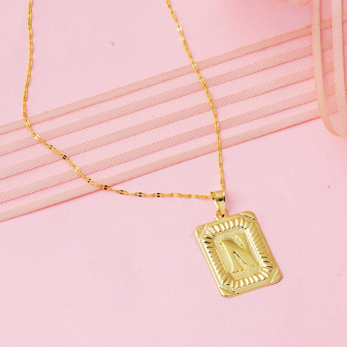 14K Yellow Gold Square Plate Initial N Necklace