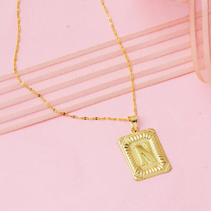 14K Yellow Gold Square Plate Initial N Necklace
