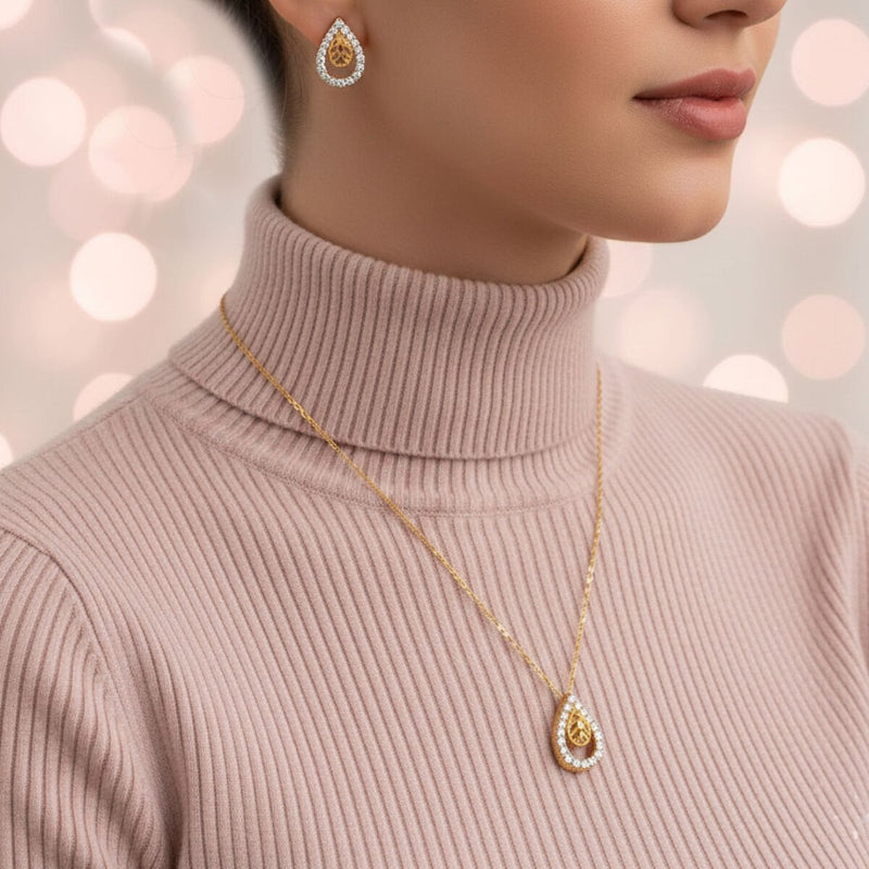 22K Yellow Gold 2-Piece Chain Necklace and Earrings Cubic Zirconia Set