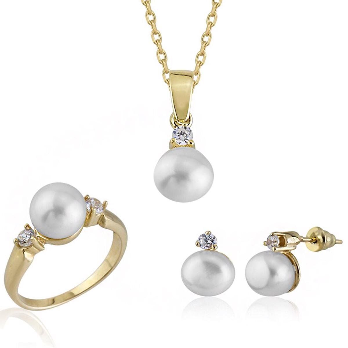 14K Yellow Gold Amalfi Pearl Necklace, Ring and Earrings Set