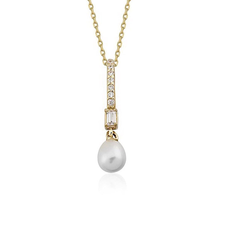 14K Yellow Gold Annecy Pearl Baguette Cubic Zirconia Necklace