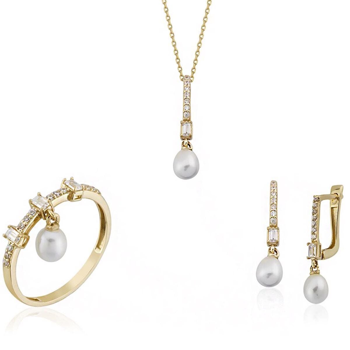 14K Yellow Gold Annecy Pearl Baguette Cubic Zirconia Set