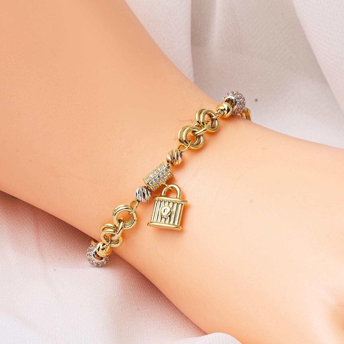14K Yellow Gold Lock Cubic Zirconia Bracelet