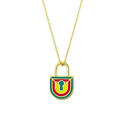 14K Yellow Gold Hanging Lock Enamel Necklace