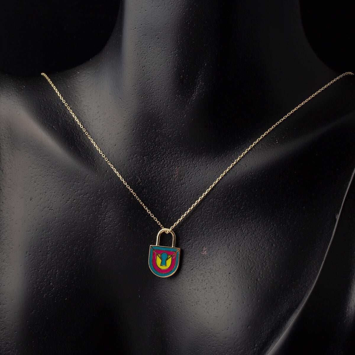 14K Yellow Gold Hanging Lock Enamel Necklace