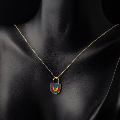 14K Yellow Gold Hanging Lock Enamel Necklace
