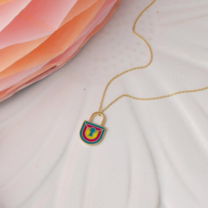 14K Yellow Gold Hanging Lock Enamel Necklace