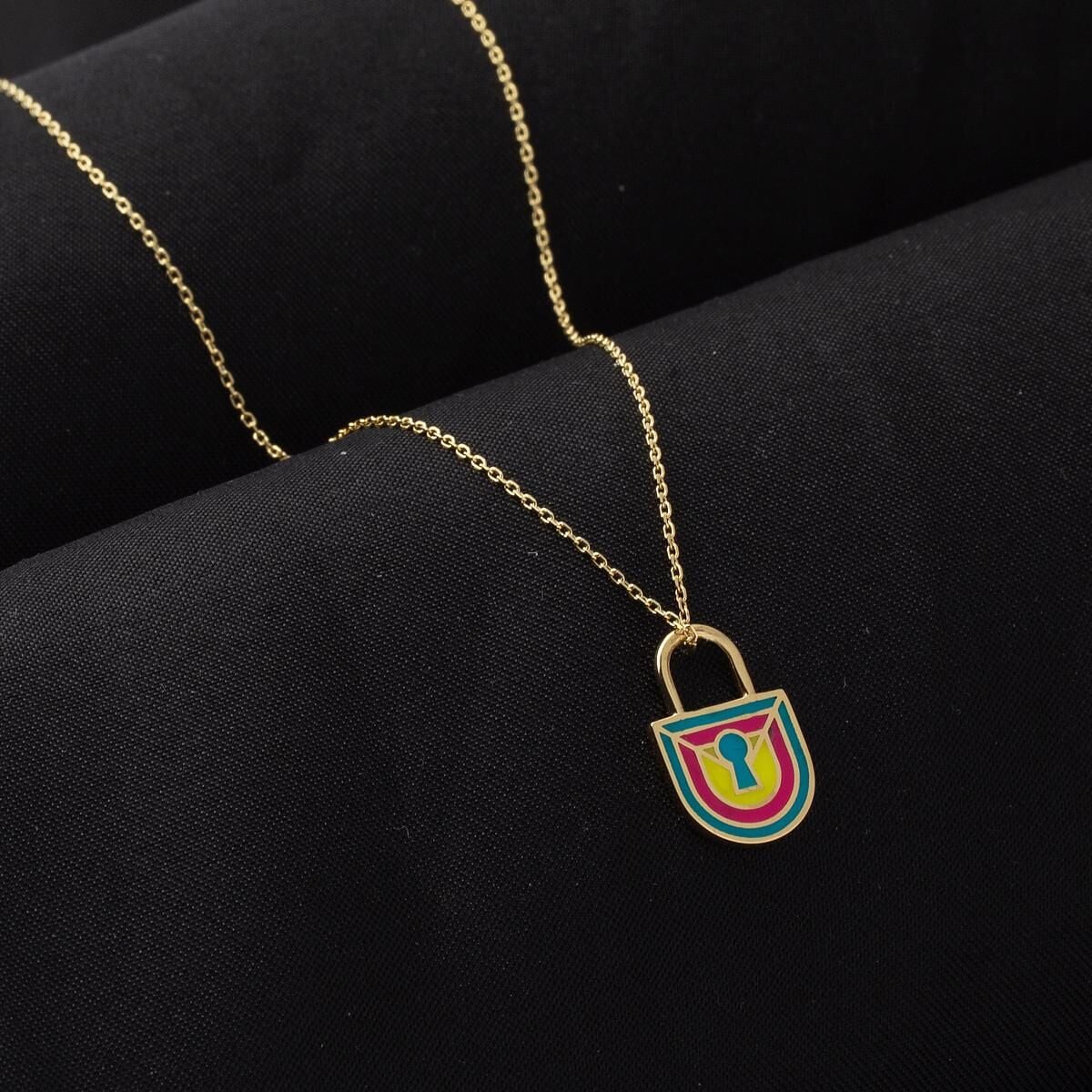 14K Yellow Gold Hanging Lock Enamel Necklace