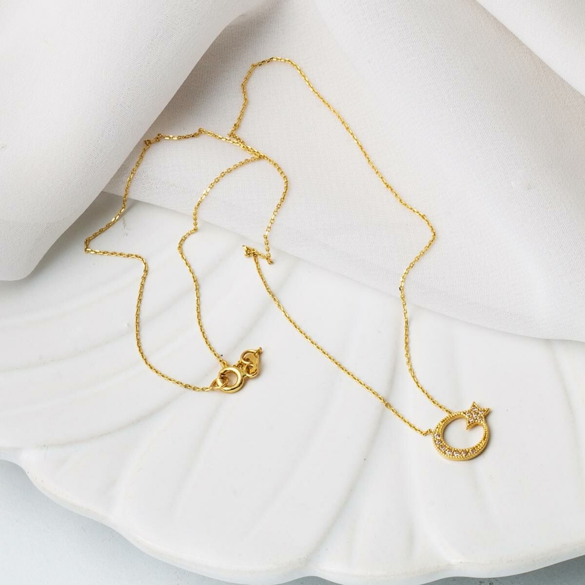 14K Yellow Gold Crescent and Star Necklace (1.73 g)