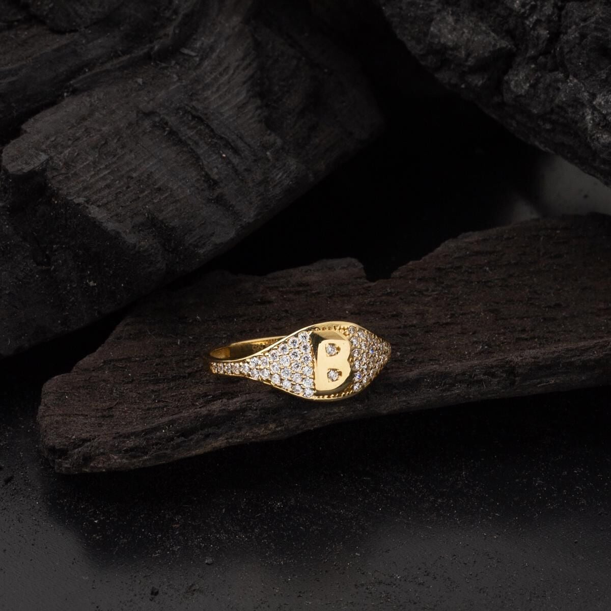 14K Yellow Gold Initial B Cubic Zirconia Ring (1.4 g)