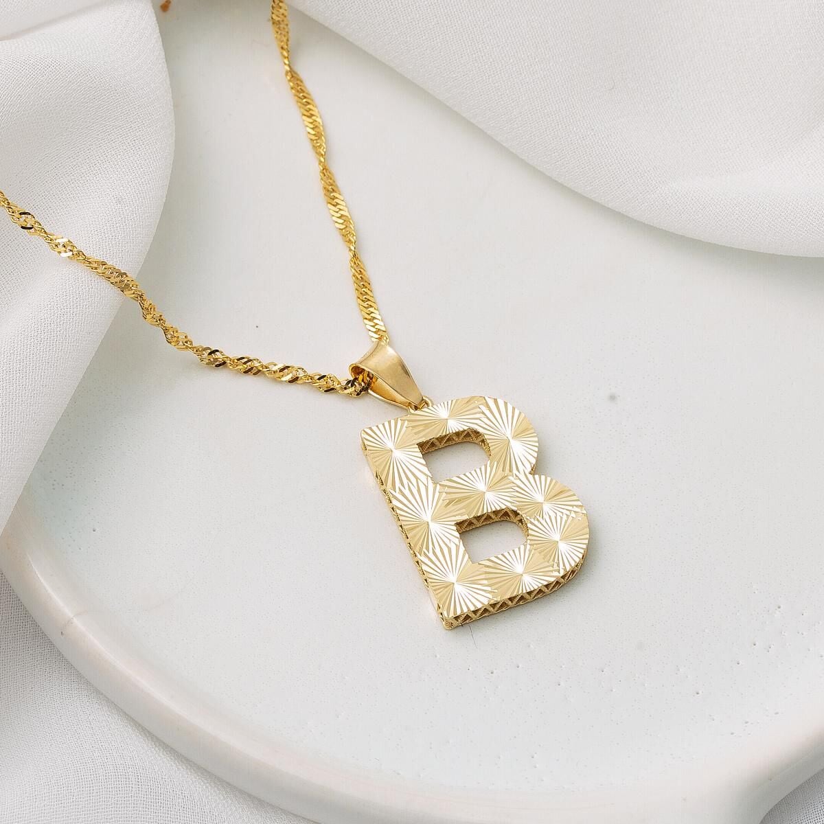 14K Yellow Gold B Initial 3 Dimensional Necklace