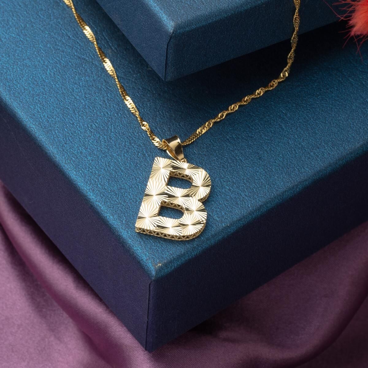 14K Yellow Gold B Initial 3 Dimensional Necklace
