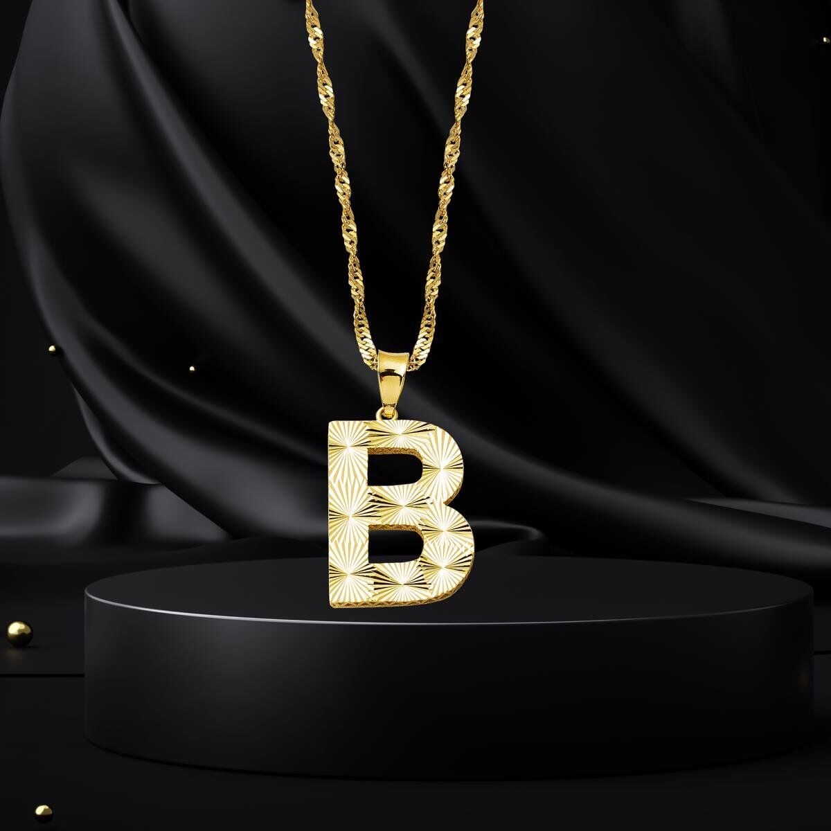 14K Yellow Gold B Initial 3 Dimensional Necklace