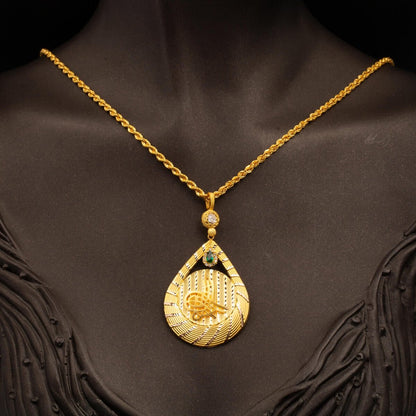 14K Yellow Gold Ottoman Tughra Teardrop Cubic Zirconia Necklace