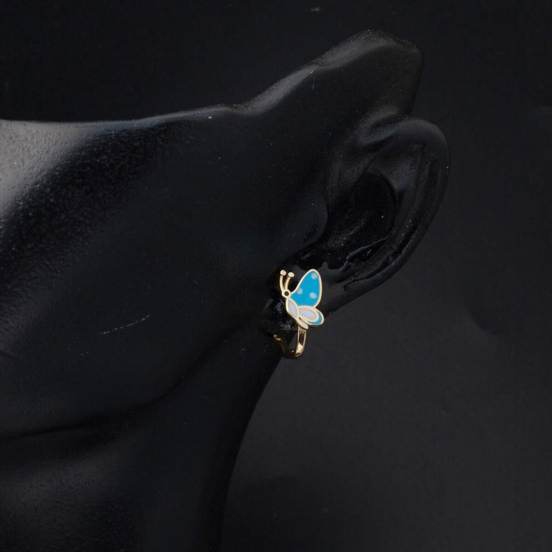 14K Yellow Gold Blue Butterfly Children's Earrings