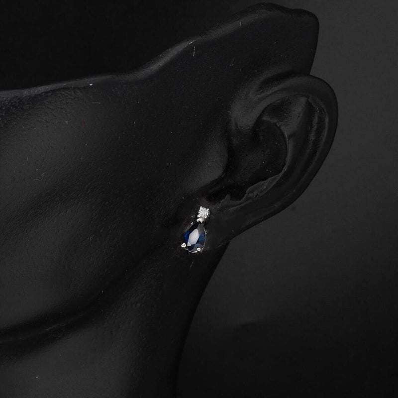 14K White Gold Teardrop Halo Diamond Sapphire Earrings