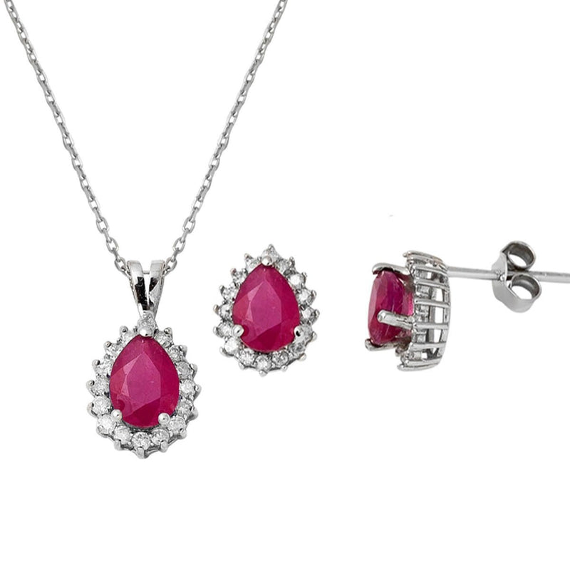 14K White Gold 2.55 Ct Ruby Diamond Necklace Earrings Set
