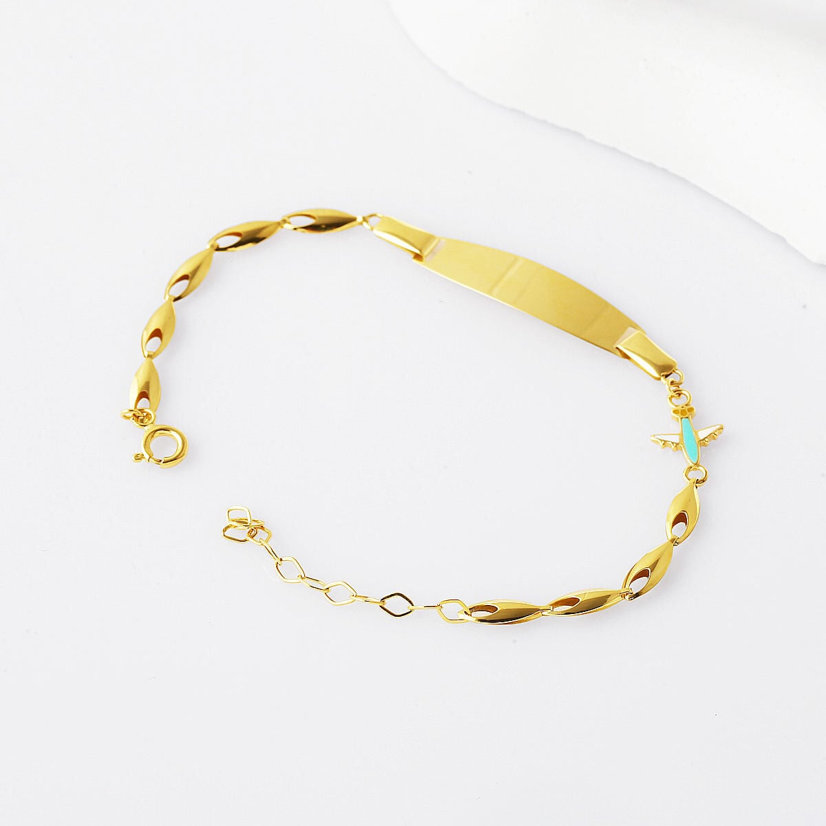 14K Yellow Gold Children's Airplane Motif Enamel ID Bracelet