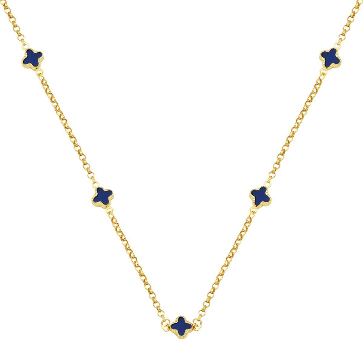 14K Yellow Gold Navy Blue Clover Chain Cubic Zirconia Necklace