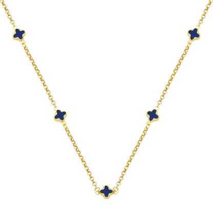 14K Yellow Gold Navy Blue Clover Chain Cubic Zirconia Necklace