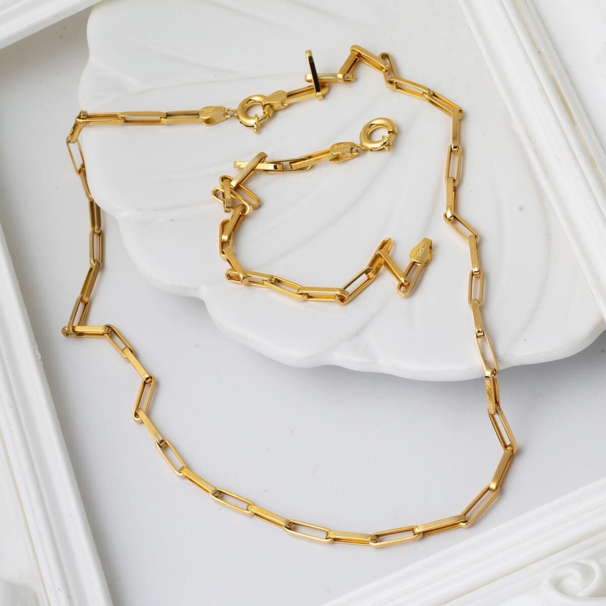 14K Yellow Gold Paperclip Chain Double Jewelry Set