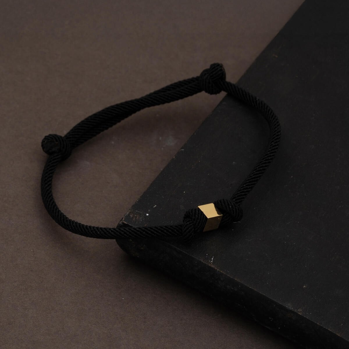 14K Yellow Gold Cube Black Cord Bracelet