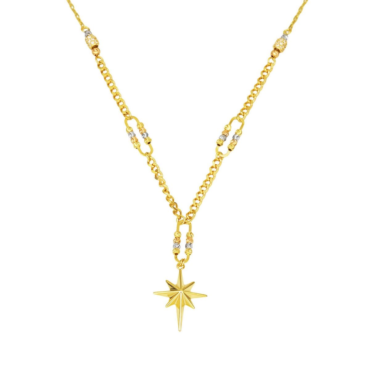 14K Yellow Gold Curb Chain North Star Cubic Zirconia Necklace