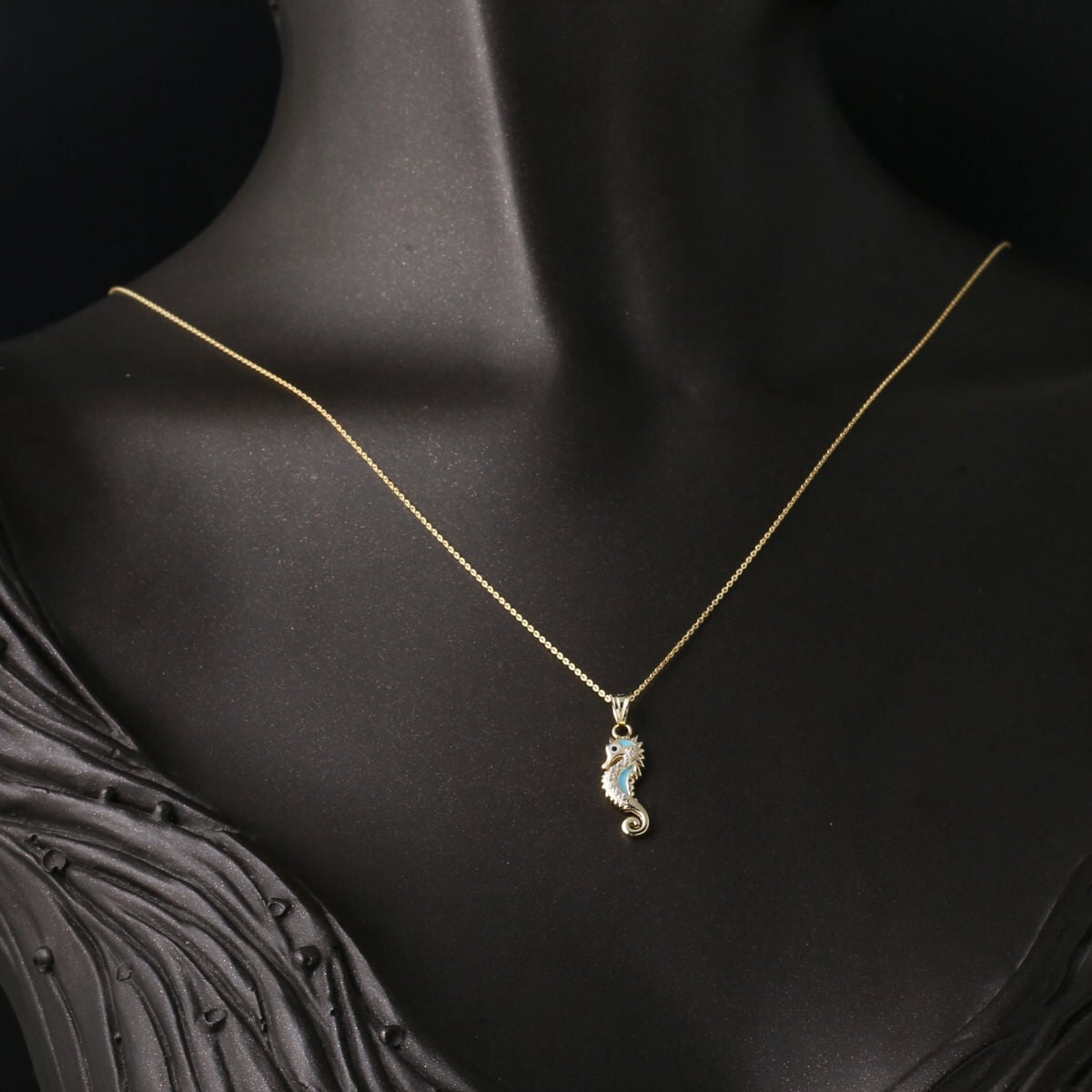 14K Yellow Gold Sea Horse Enamel Cubic Zirconia Necklace