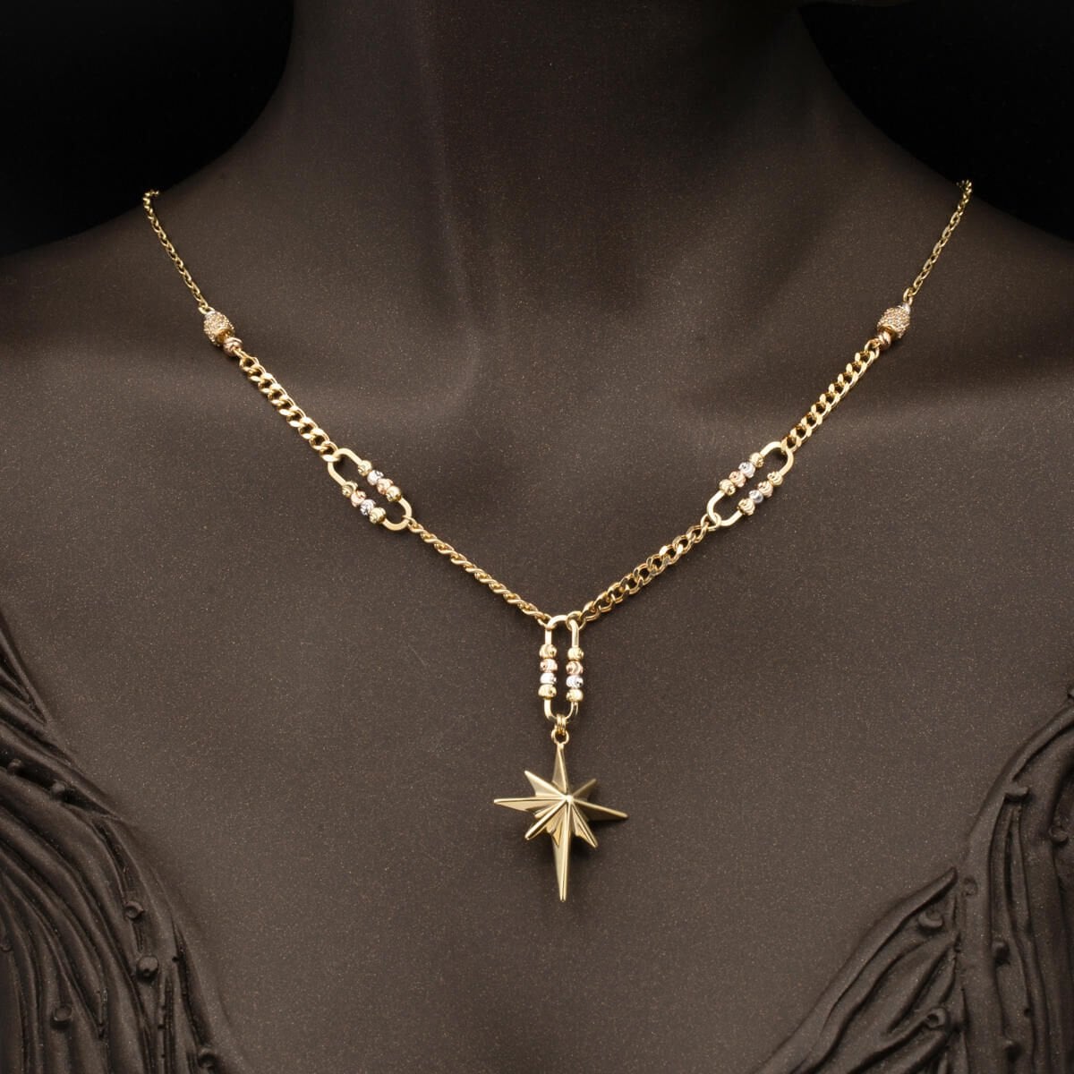 14K Yellow Gold Curb Chain North Star Cubic Zirconia Necklace