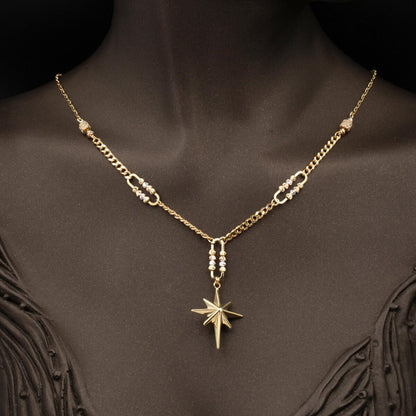 14K Yellow Gold Curb Chain North Star Cubic Zirconia Necklace