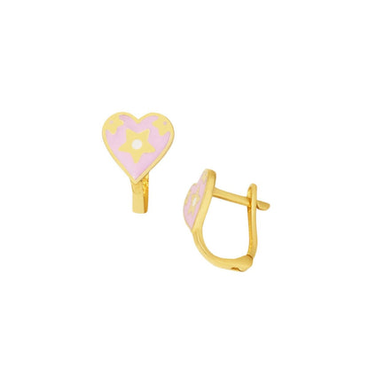 14K Yellow Gold Lilac Enamel Heart Children's Earrings